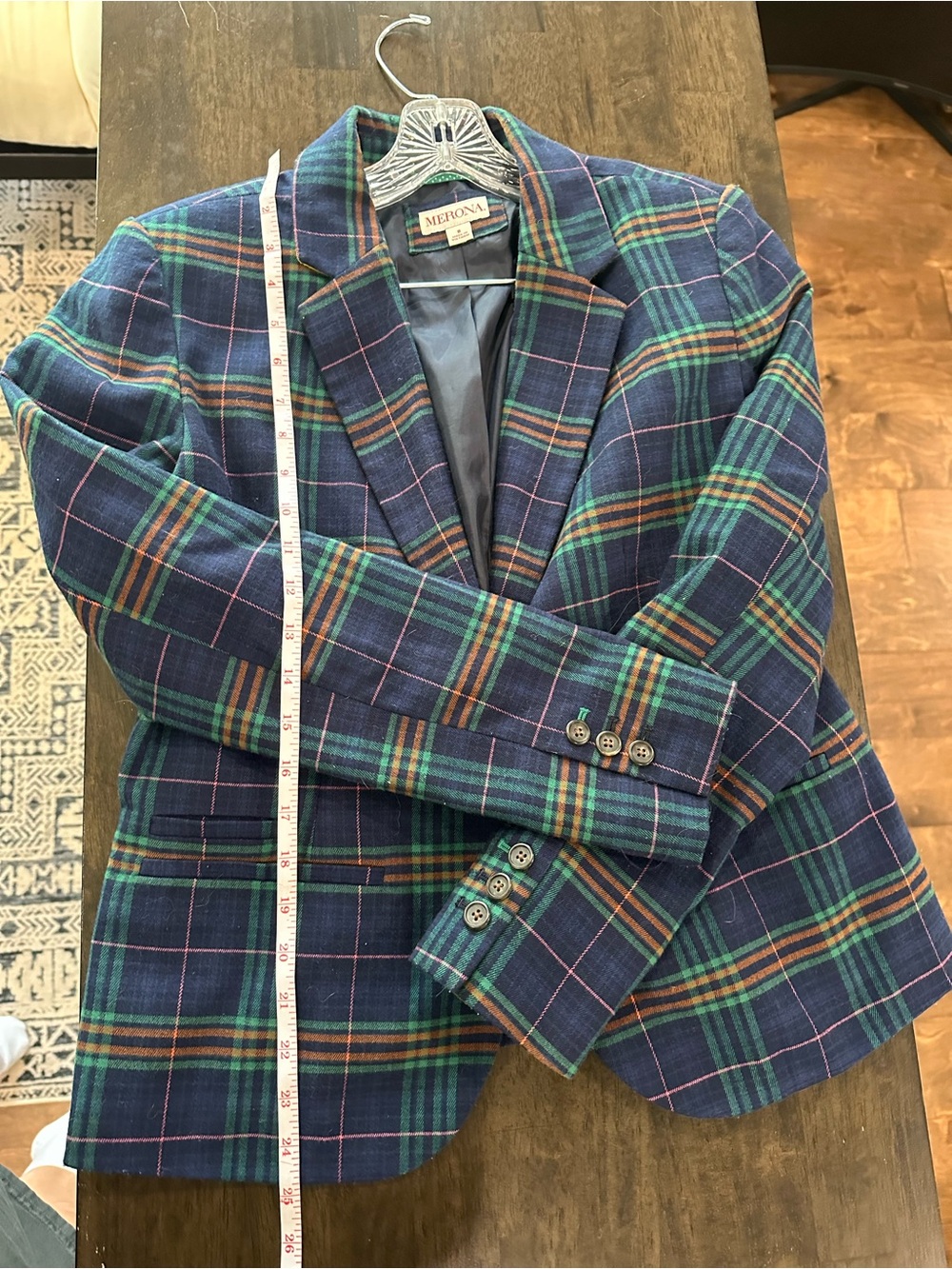 Vintage Merona Navy and Green Plaid Single-Button Blazer - Picture 3 of 8